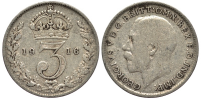 Великобритания 3 пенса 1916 Георг V (1910-1936) KM 813, Spink 4015 серебро 4528-447