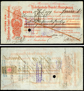 Индонезия вексель в 20000 гульденов 1879 Фактория Нидерландской торговой компании в Батавии для филиала в Амстердаме, (из коллекции Verkooijen)   бумага   8805-84-1-2