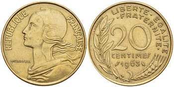 ФРАНЦИЯ 20 САНТИМОВ 1963 ТИП MARIANNE KM 930, LE FRANC 156.3 медь алюминий никель 117-857
