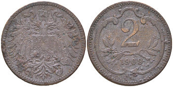 Австрия 2 геллера 1909 Франц Иосиф I (1848-1916) KM 2801 бронза 4613-1151