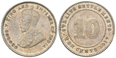 Стрейтс Сетлментс 10 центов 1917 Британская Малайя KM 29 серебро aUNC 4617-328