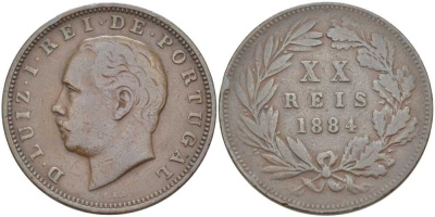ПОРТУГАЛИЯ 20 РЕЙС 1884 ЛУИШ (ЛЮДОВИК) I (1861-1889) KM 527 бронза 111-926