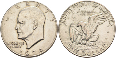США 1 доллар 1974 Президент Эйзенхауэр, лунный орел KM 203 медь плакированная медно-никелем 4578-325