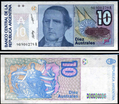 Аргентина 10 аустралей ND (1985-1989) Сантьяго Дерки Pick 325 b бумага UNC (пресс) 7214-6-3-2