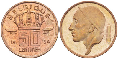 БЕЛЬГИЯ 50 САНТИМОВ 1994 BELGIQUE, БОДУЭН I (1951-1993) KM 148.1 бронза 214-662