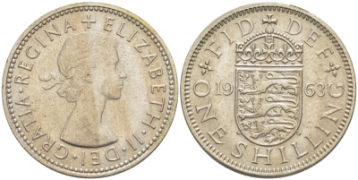Великобритания 1 шиллинг 1963 Елизавета II (1952-2022), Английский герб KM 904, Spink 4147 медно-никель 77-122