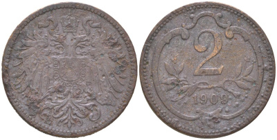 Австрия 2 геллера 1909 Франц Иосиф I (1848-1916) KM 2801 бронза 4613-1151