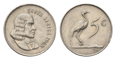 ЮАР 5 центов 1965 Ян ван Рибек (1619-1677), South Africa, легенда на англинском, райский журавль KM 67.1 медно-никель 4694-368