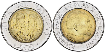 ВАТИКАН 500 ЛИР 1988 ГОД X, ИОАНН ПАВЕЛ II (1978-2005), СВЯТАЯ ТРОИЦА (БОГ ОТЕЦ, БОГ СЫН, СВЯТОЙ ДУХ) KM 211 биметалл UNC 4519-331