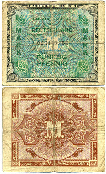 ГЕРМАНИЯ 1/2 МАРКИ 1944 ОККУПАЦМИЯ ГЕРМАНИИ, ВТОРАЯ МИРОВАЯ ВОЙНА, 9 ЦИФР В СЕРИИ Pick 192b бумага 7551-24-3-2