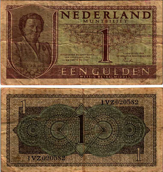 НИДЕРЛАНДЫ 1 ГУЛЬДЕН 1949 8 АВГУСТА 1949, КОРОЛЕВА ЮЛИАНА Pick 72 бумага 8564-21-2-1