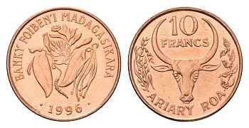 Мадагаскар 10 франков 1996 год-тип KM 22 сталь плакированная медью UNC 213-734