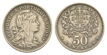 Португалия 50 сентаво 1959 голова Свободы вправо KM 577 никель латунь 4385-853