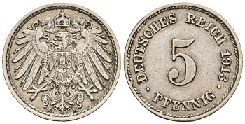 Германия 5 пфеннигов 1913 E, KM 11, J. 12 медно-никель 220-655