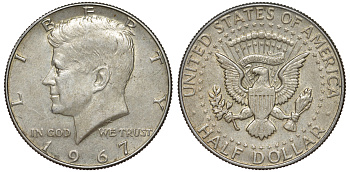 США 1/2 доллара (50 центов) 1967 Джон Кеннеди KM 202a серебро 4178-1026