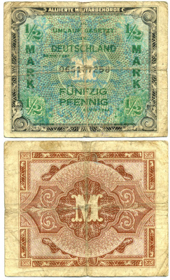 ГЕРМАНИЯ 1/2 МАРКИ 1944 ОККУПАЦМИЯ ГЕРМАНИИ, ВТОРАЯ МИРОВАЯ ВОЙНА, 9 ЦИФР В СЕРИИ Pick 192b бумага 7551-24-3-2