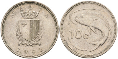 Мальта 10 центов 1992 золотая макрель KM 96 медно-никель 4588-237