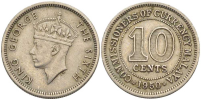 Британская Малайя 10 центов 1950 Георг VI (1937-1952) KM 8 медно-никель 116-911