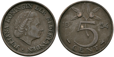 НИДЕРЛАНДЫ 5 ЦЕНТОВ 1954 ЮЛИАНА KM 181 бронза 95-312