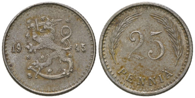 Финляндия 25 пенни 1945 S KM 25b железо 4174-1028