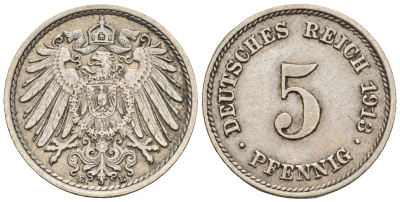 Германия 5 пфеннигов 1913 E, KM 11, J. 12 медно-никель 220-655
