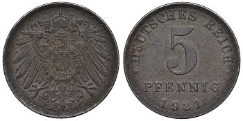 Германия 5 пфеннигов 1921 A KM 19, J. 297, Weege 5 железо 4118-1217