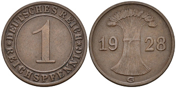 Германия 1 рейхспфенниг 1928 G KM 37, J.313, Weege 2 медь 4585-568