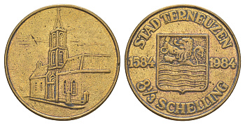 Нидерлданды, Тернёзен 8 1/3 шиллинга 1984 В течение года до 30 сентября 1984 года эта монета принималась в качестве эквивалента 2 1/2 голландского гульдена в магазинах в центре города. Эта монета и пять других вариантов были инициативой местного торгового