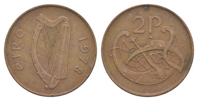 Ирландия 2 пенса 1978 виньетка в виде стилизованной птицы из второй библии Карла II Лысого KM 21 бронза 4514-1157