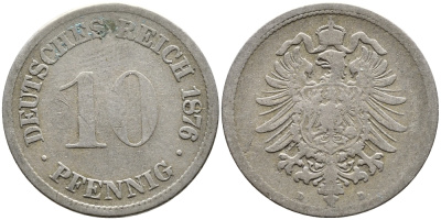 ГЕРМАНИЯ 10 ПФЕННИГОВ 1876 D, СТАРОГЕРБОВКА, KM 4, J. 4 медно-никель 83-1825