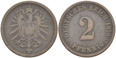 ГЕРМАНИЯ 2 ПФЕННИГА 1876 A, СТАРОГЕРБОВКА KM 2, J. 2, Weege 3 медь 212-614