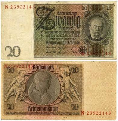 ГЕРМАНИЯ 20 РЕЙХСМАРОК 1929 Pick 181a бумага 3295-81-3