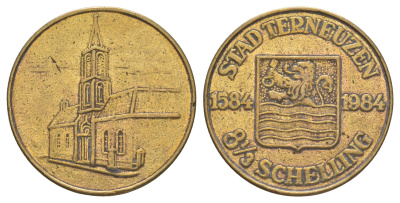 Нидерлданды, Тернёзен 8 1/3 шиллинга 1984 В течение года до 30 сентября 1984 года эта монета принималась в качестве эквивалента 2 1/2 голландского гульдена в магазинах в центре города. Эта монета и пять других вариантов были инициативой местного торгового