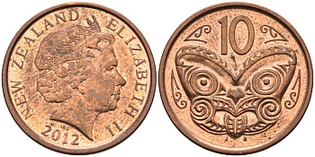 Новая Зеландия 10 центов 2012 маска Маори, Елизавета II (1952-) KM 117а сталь плакированная медью 53-426