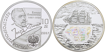 Польша 10 злотых 2007 MW, серия польские путешественники, (Джозеф Конрад), Юзеф Теодор Конрад Коженёвский, парусник, голограмма FISCHER 093 серебро PROOF 1087-7-33