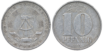 ГДР 10 пфеннигов 1968 A KM 10 алюминий 62-816