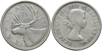Канада 25 центов 1956 Елизавета II (1952-2022), олень KM 52 серебро 4385-1017