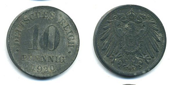 ГЕРМАНИЯ 10 ПФЕННИГОВ 1920 KM 26, J. 299 цинк 62-2738