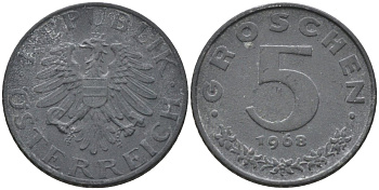 Австрия 5 грошей 1968 KM 2875 цинк 4594-321