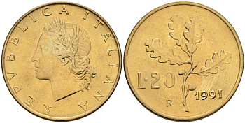 Италия 20 лир 1991 R, дубовый лист KM 97.2 алюминиевая бронза  UNC  4594-832