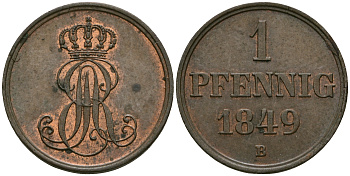 Ганновер 1 пфенниг 1849 B, Эрнст Август (1837-1851) KM 201.1, AKS 129, J. 74 медь 4608-1046