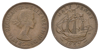 Великобритания 1/2 пенни 1957 Елизавета II (1952-2022) KM 896, Spink 4158 бронза 4675-427