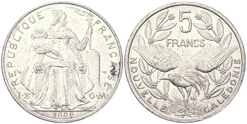 Французская Новая Каледония 5 франков 2009 птица кагу, (IEOM) KM 16, Schoen 12, Lec 81k алюминий 4111-342