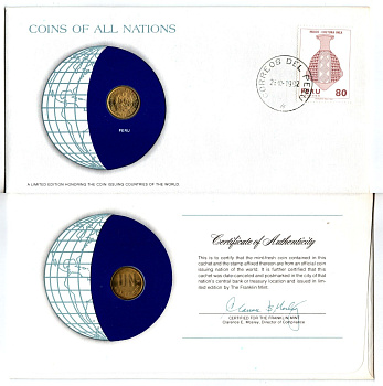Перу 1 соль 1980 конверт с маркой первого дня гашения, Coins of Nations KM 266.2 латунь UNC 4294-72-3