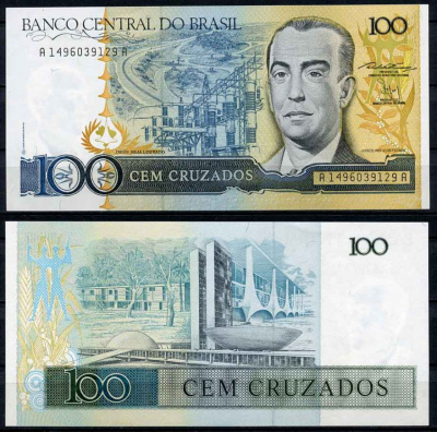 Бразилия 100 крузадо ND (1986-1988) серия A 1496, Жуселину Кубичек Pick 211 b бумага UNC (пресс) 2196-37-2-1
