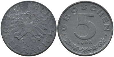 Австрия 5 грошей 1968 KM 2875 цинк 4594-321
