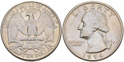 США 25 центов (квотер) 1994 P, Вашингтон KM 164a медь плакированная медно-никелем 190-416