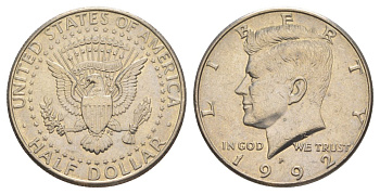 США 1/2 доллара (50 центов) 1992 P, Джон Кеннеди KM A202b медь плакированная медно-никелем aUNC 4517-721