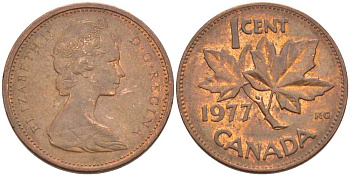 Канада 1 цент 1977 Елизавета II (1952-2022), кленовый лист KM 59.1 бронза 54-833