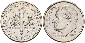 США 10 ЦЕНТОВ = 1 ДАЙМ 2003 D, РУЗВЕЛЬТ KM 195a медь плакированная медно-никелем 188-739